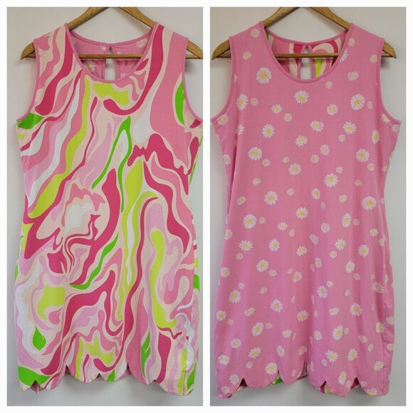 Ana Clare Dresses & Skirts - Ana Clare Reversible Sleeveless Dress Size L Pink Floral Abstract Scalloped Hem